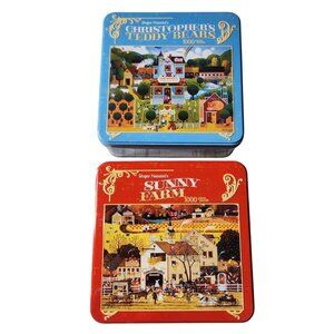 Two Roger Nannini Puzzles Sunny Farm and Teddy Bears In Keepsake Tins 1000 Piece